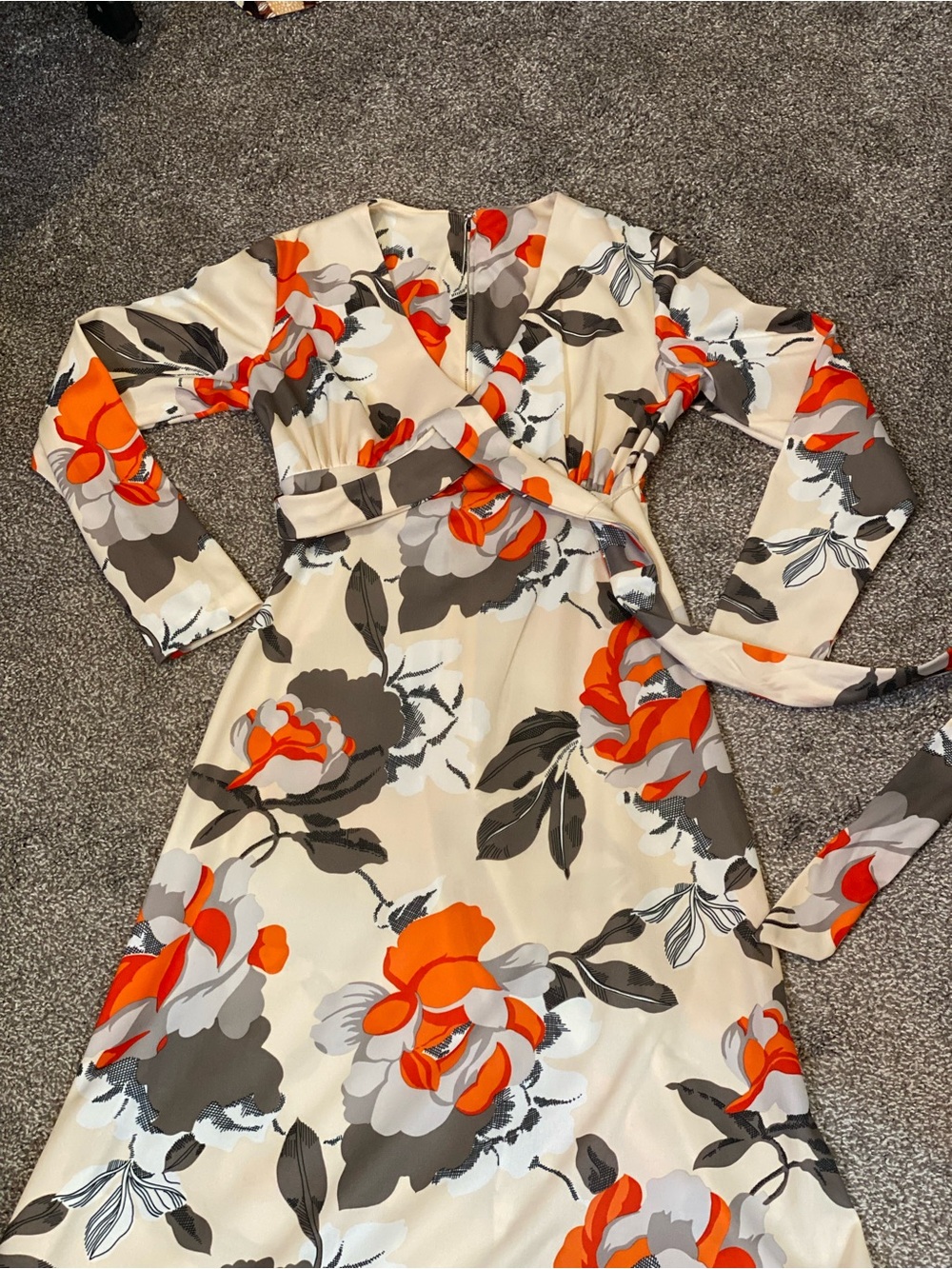 Handmade Vintage Floral Wrap Long Dress in Cream with Orange Accents